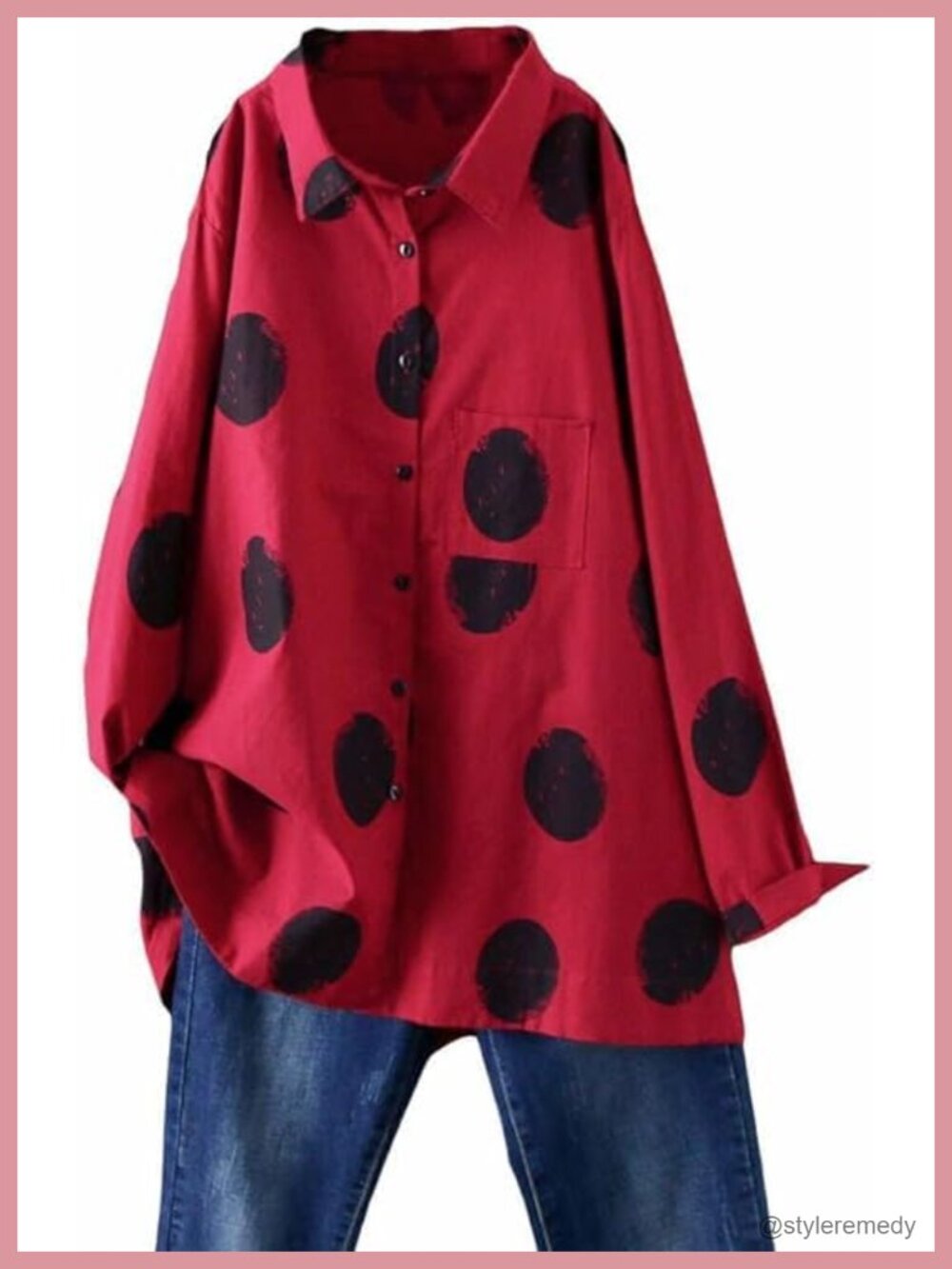 Women Button Down Tunic Top Cotton Polka Blouse Long Sleeve